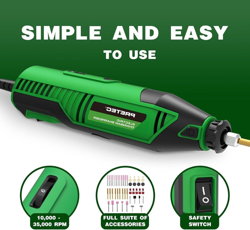 PRETEC Electric Chainsaw Sharpener Kit – Multi-Purpose Chain Saw Sharpener Tool with Diamond Sharpening Wheels, Angle Attachment and Wrench for All Chainsaw Chains (54-Piece Accessories) - Image 3